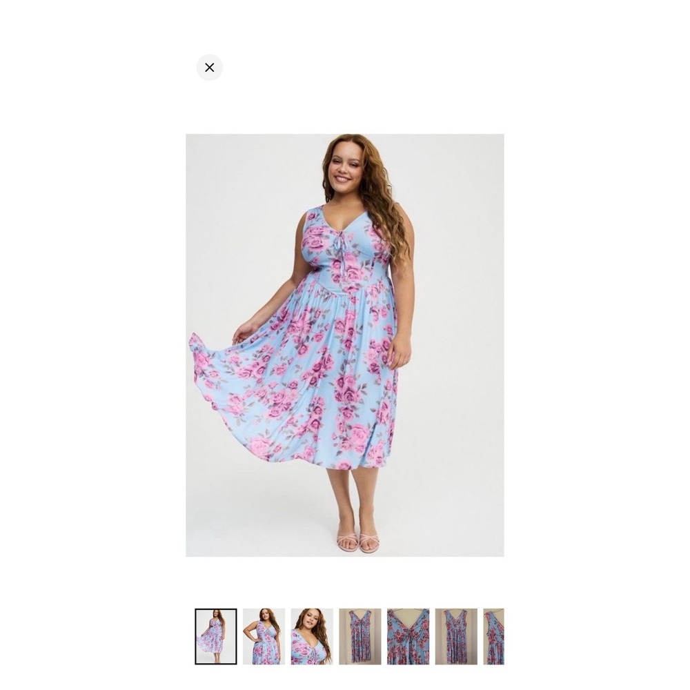 Torrid Women' Dress Middi Stretch Challis Corset Rose Floral Light Blue 1X NWT
